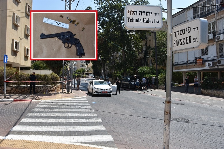 זירת הירי (בתמונה הקטנה: האקדח ששימש לירי)