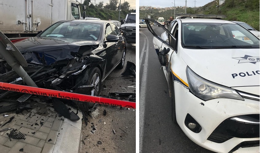 הניידת והרכב הנמלט לאחר המרדף (צילומים: דוברות המשטרה)